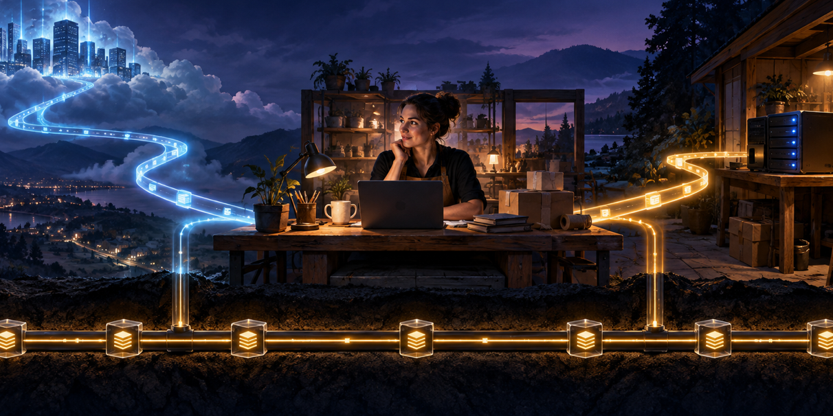 A business owner receives one route from cloud providers and another from owned local hardware while an independent evidence ledger runs beneath both