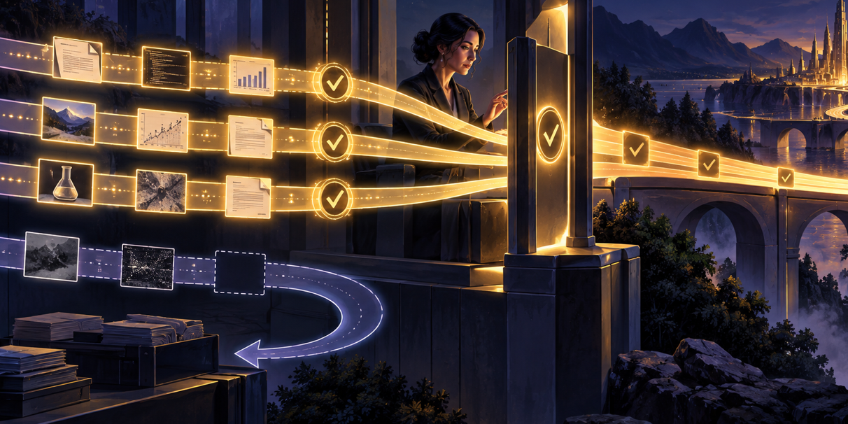 Evidence-backed work streams pass a calm human review gate while one incomplete stream returns safely to the work queue